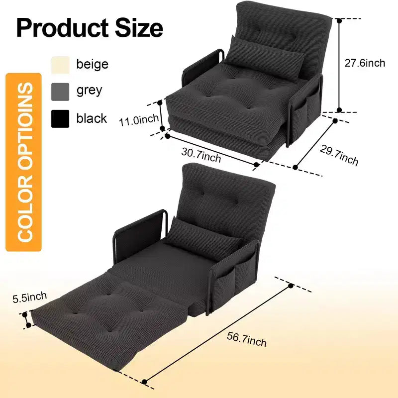 Divano Letto Pieghevole Monoposto, Divano Letto Pieghevole 2 in 1 con Cuscini, Schienale Regolabile, Bracciolo e Borsa portaoggetti