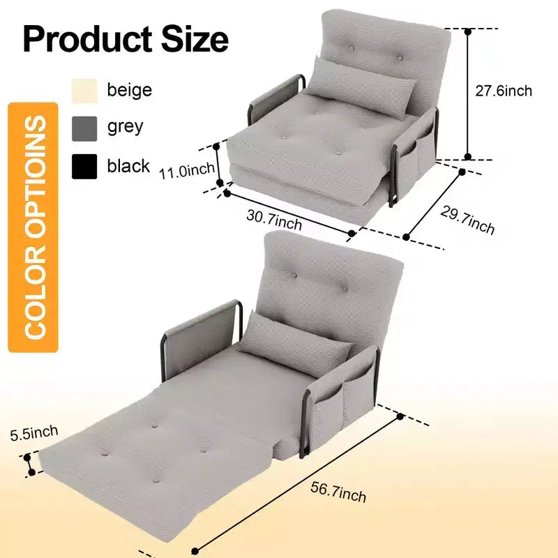 Divano Letto Pieghevole Monoposto, Divano Letto Pieghevole 2 in 1 con Cuscini, Schienale Regolabile, Bracciolo e Borsa portaoggetti