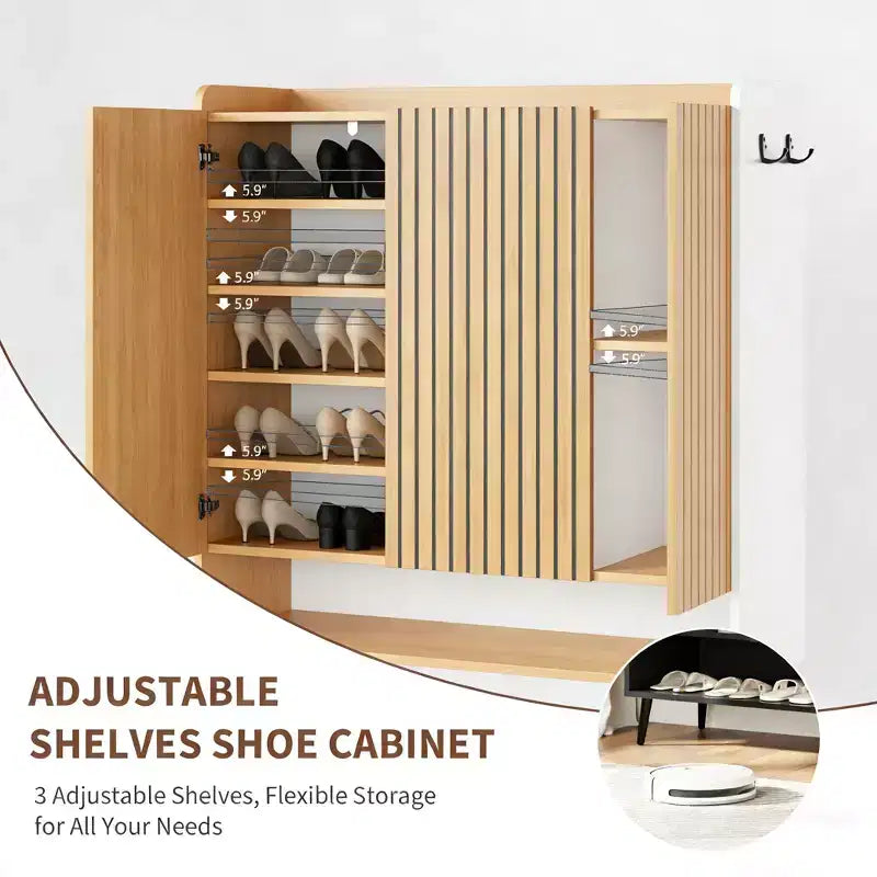 Scarpiera Grande con Ante, Porta Scarpe in Legno a 6 Livelli con Ripiani Regolabili e Ganci, Scarpiera da Ingresso a 3 Ante per Oltre 30 Paia