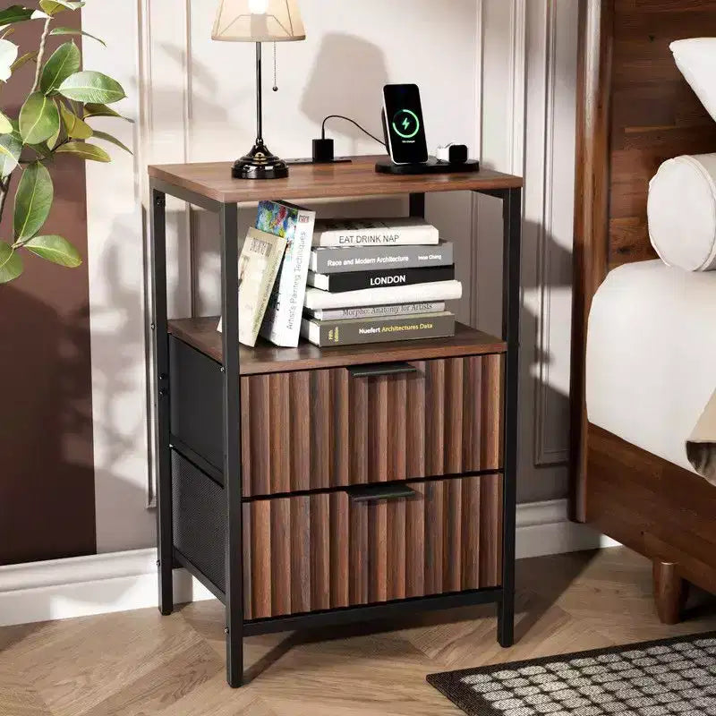 Karl Home 15 Inches Wide Nightstand - 2 Drawers, 1 Shelf, US Power Outlet - set of 2