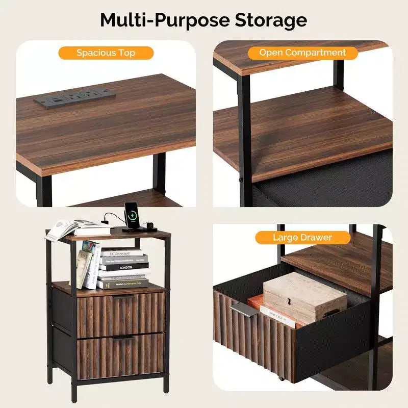 Comodino largo 38 cm - 2 cassetti, 1 ripiano, presa di corrente USA - set da 2