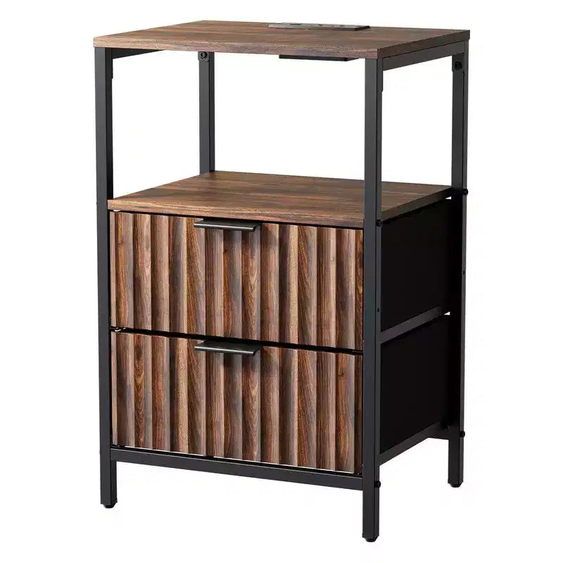 Comodino largo 38 cm - 2 cassetti, 1 ripiano, presa di corrente USA - set da 2