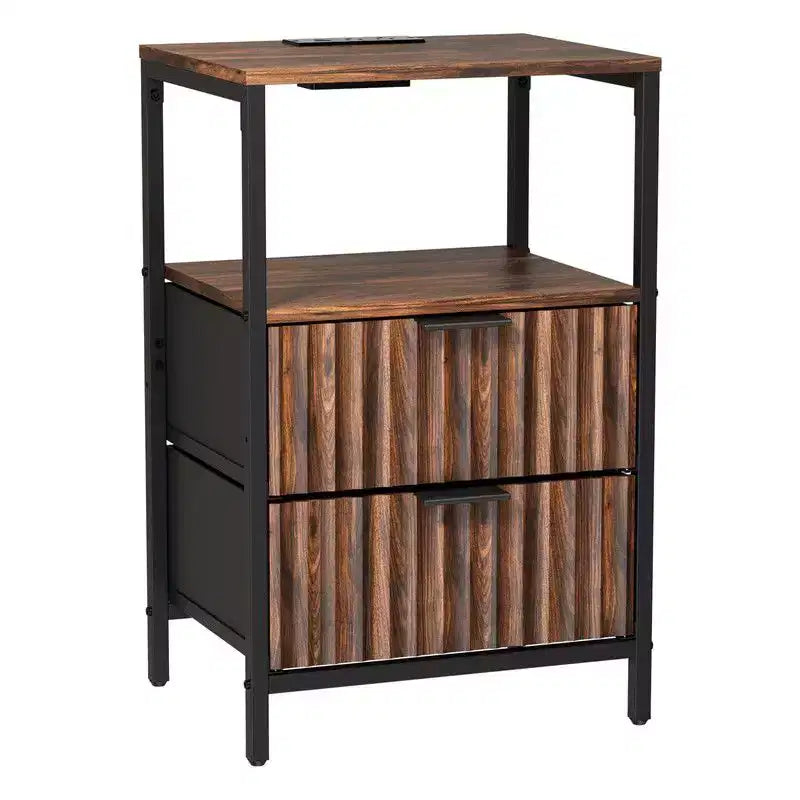 Comodino largo 38 cm - 2 cassetti, 1 ripiano, presa di corrente USA - set da 2