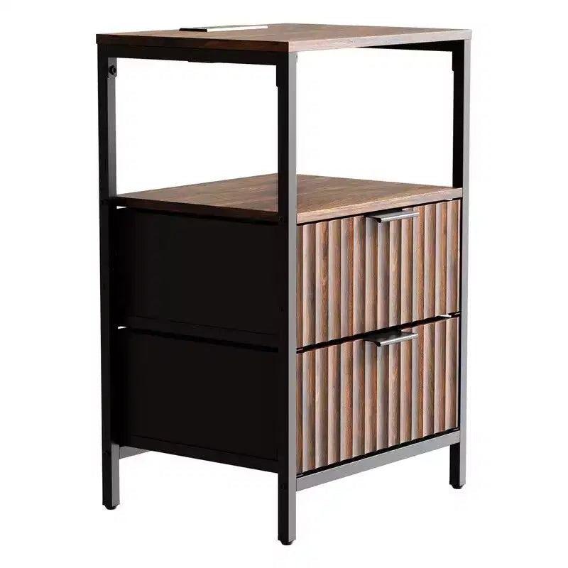 Comodino largo 38 cm - 2 cassetti, 1 ripiano, presa di corrente USA - set da 2