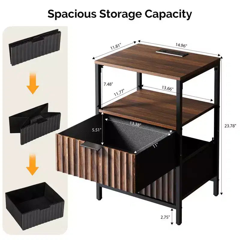 Comodino largo 38 cm - 2 cassetti, 1 ripiano, presa di corrente USA - set da 2