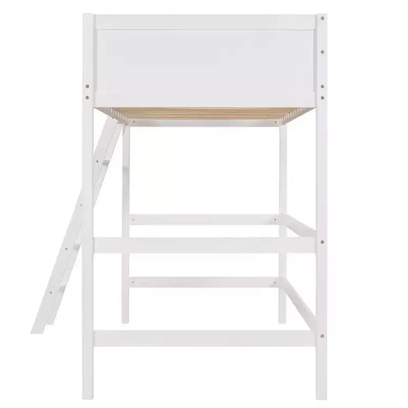 Letto a soppalco moderno in legno di dimensioni "Twin" con scaletta e spondine, bianco