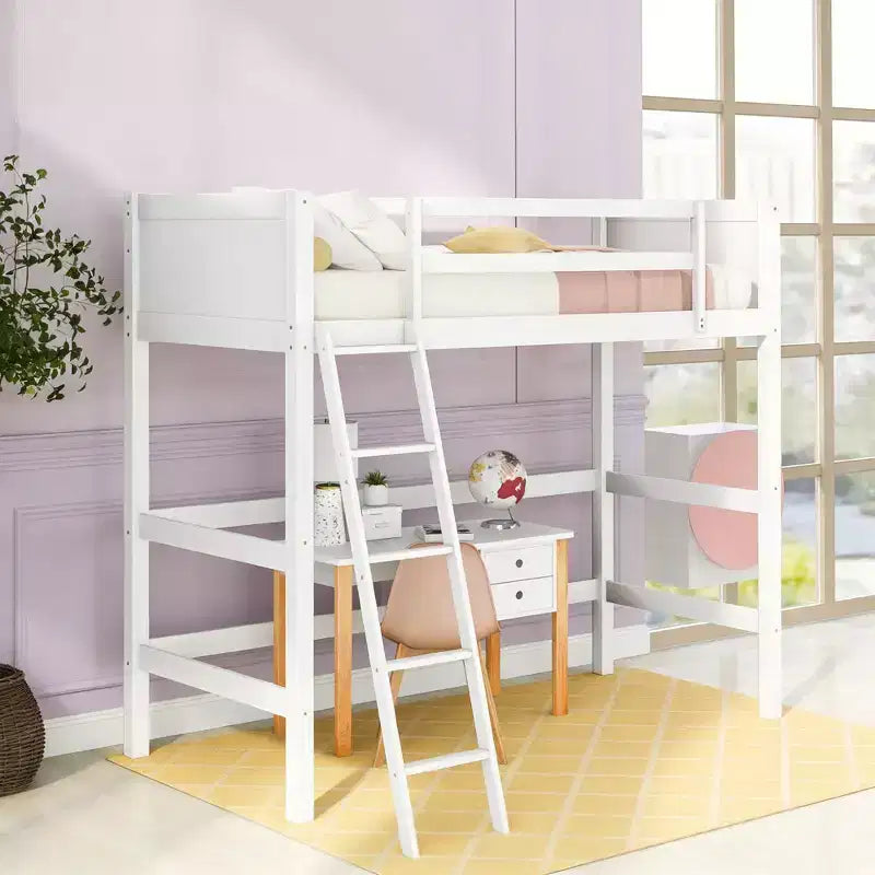 Letto a soppalco moderno in legno di dimensioni "Twin" con scaletta e spondine, bianco