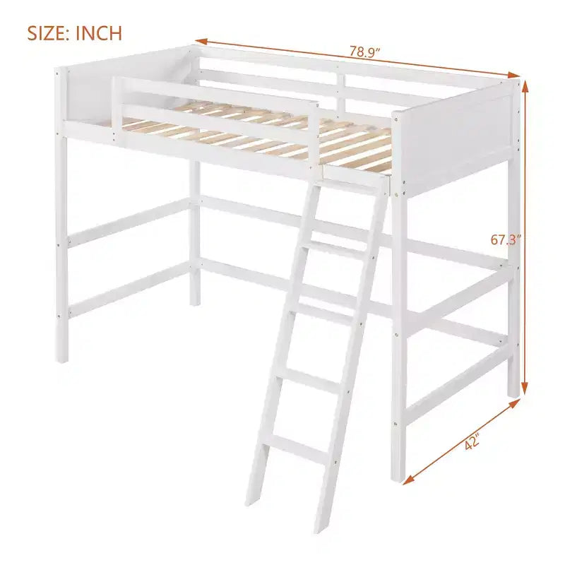 Letto a soppalco moderno in legno di dimensioni "Twin" con scaletta e spondine, bianco
