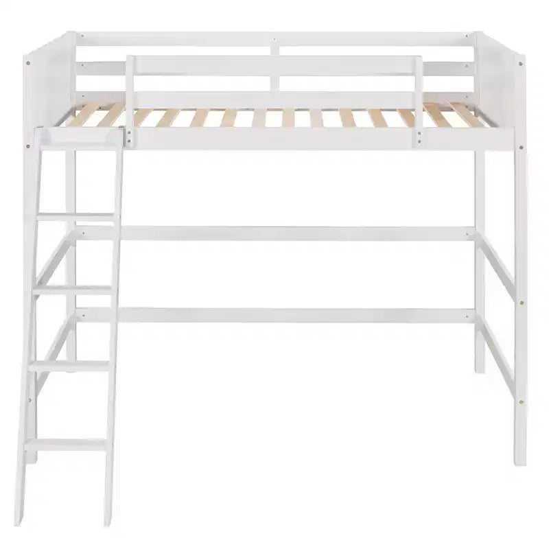 Letto a soppalco moderno in legno di dimensioni "Twin" con scaletta e spondine, bianco