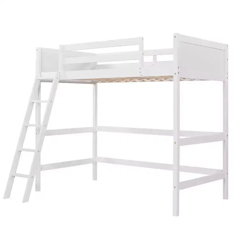 Letto a soppalco moderno in legno di dimensioni "Twin" con scaletta e spondine, bianco