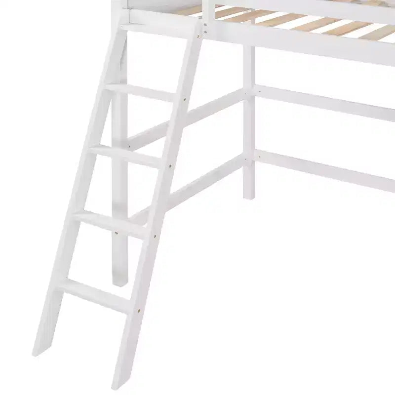 Letto a soppalco moderno in legno di dimensioni "Twin" con scaletta e spondine, bianco