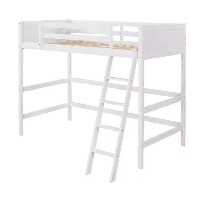 Letto a soppalco moderno in legno di dimensioni "Twin" con scaletta e spondine, bianco