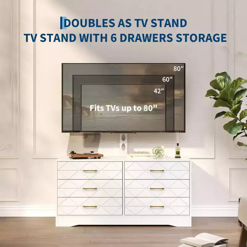 Mobile TV con supporto regolabile e 6 cassetti, Centro di intrattenimento per TV da 32-80 pollici, Consolle multimediale per camera da letto e soggiorno