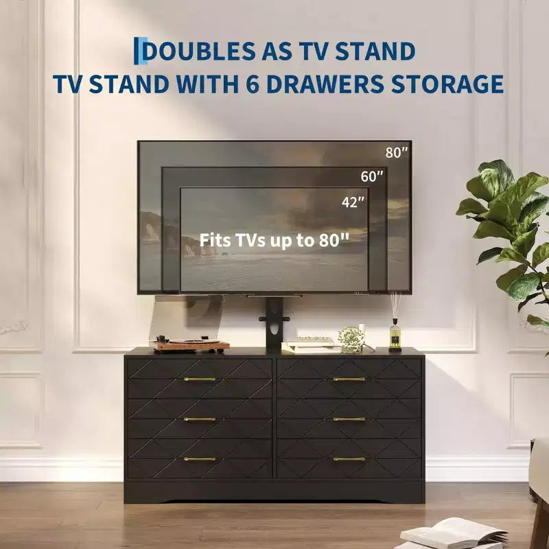 Mobile TV con supporto regolabile e 6 cassetti, Centro di intrattenimento per TV da 32-80 pollici, Consolle multimediale per camera da letto e soggiorno