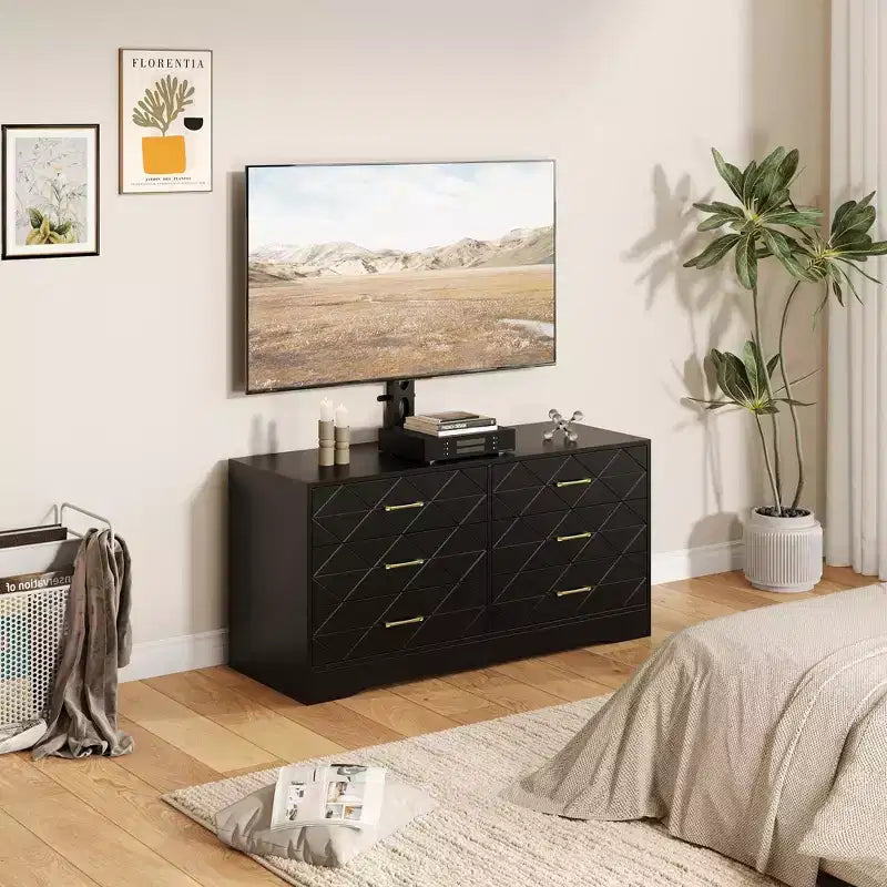 Mobile TV con supporto regolabile e 6 cassetti, Centro di intrattenimento per TV da 32-80 pollici, Consolle multimediale per camera da letto e soggiorno