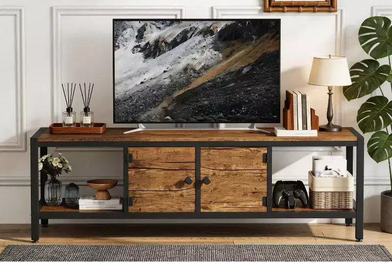 Rustic Brown TV Stand for Living Room  65 Inch Entertainment Center with 2 Cabinets, Open Shelves, Metal Legs  Fits TVs up to 75 Inch