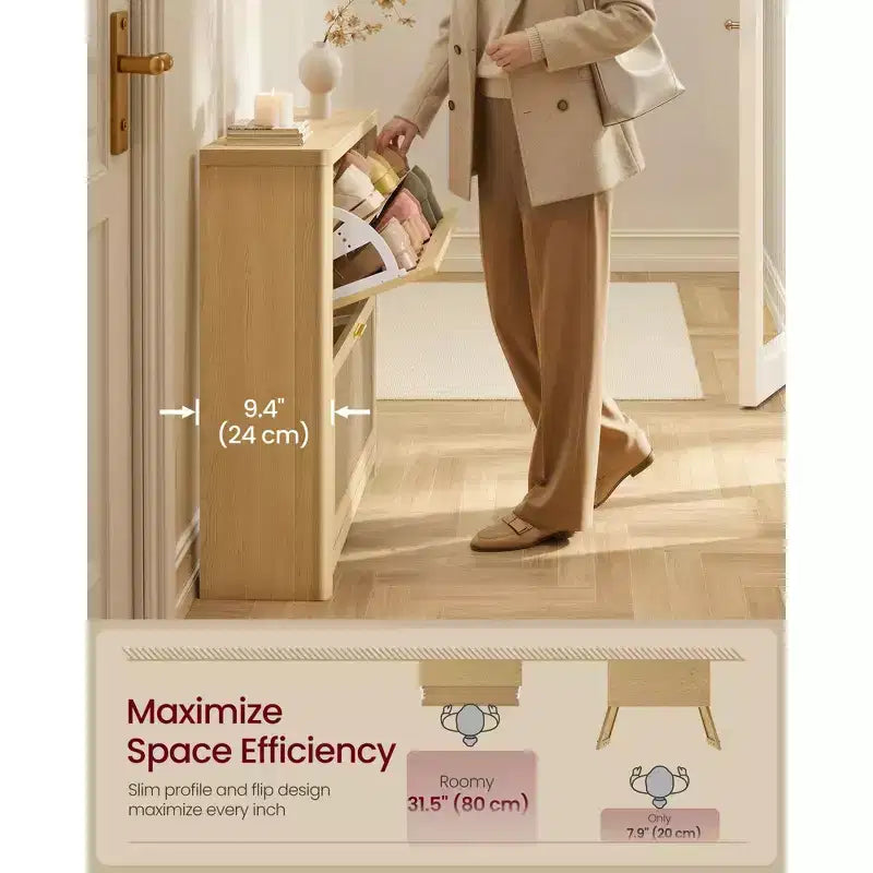 Collezione - Scarpiera Boho Sottile per Ingresso, Mobile Scarpiera con Cassetti a Ribalta Effetto Rattan, Angoli Arrotondati