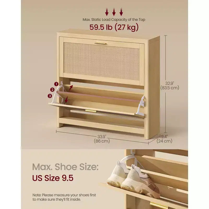 Collezione - Scarpiera Boho Sottile per Ingresso, Mobile Scarpiera con Cassetti a Ribalta Effetto Rattan, Angoli Arrotondati