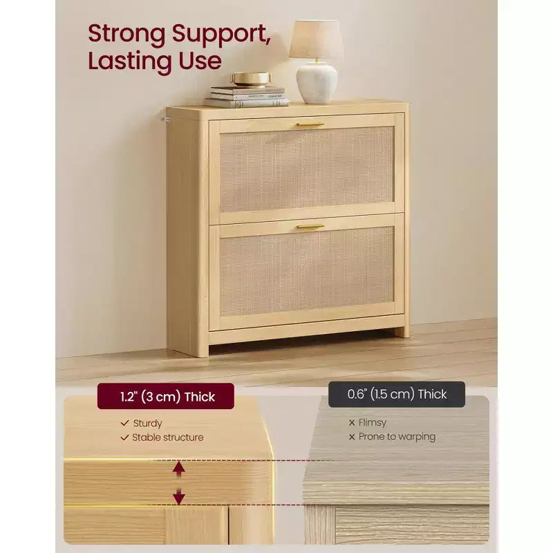 Collezione - Scarpiera Boho Sottile per Ingresso, Mobile Scarpiera con Cassetti a Ribalta Effetto Rattan, Angoli Arrotondati