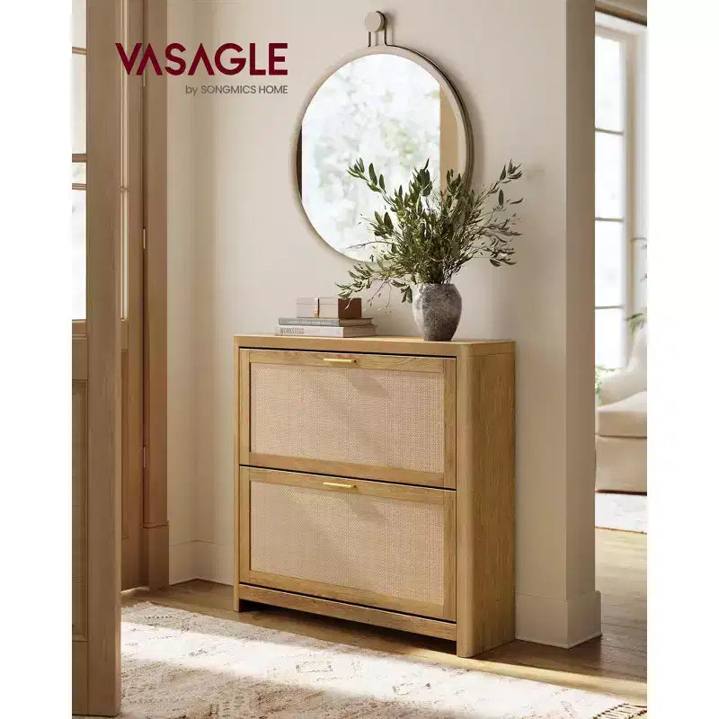 Collezione - Scarpiera Boho Sottile per Ingresso, Mobile Scarpiera con Cassetti a Ribalta Effetto Rattan, Angoli Arrotondati