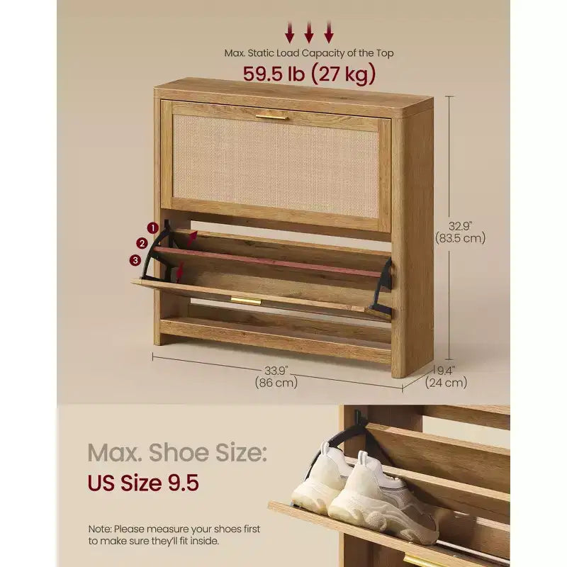 Collezione - Scarpiera Boho Sottile per Ingresso, Mobile Scarpiera con Cassetti a Ribalta Effetto Rattan, Angoli Arrotondati