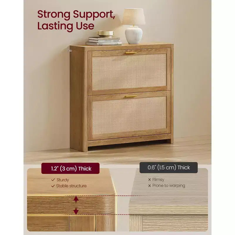Collezione - Scarpiera Boho Sottile per Ingresso, Mobile Scarpiera con Cassetti a Ribalta Effetto Rattan, Angoli Arrotondati