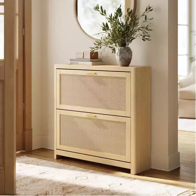 Collezione - Scarpiera Boho Sottile per Ingresso, Mobile Scarpiera con Cassetti a Ribalta Effetto Rattan, Angoli Arrotondati