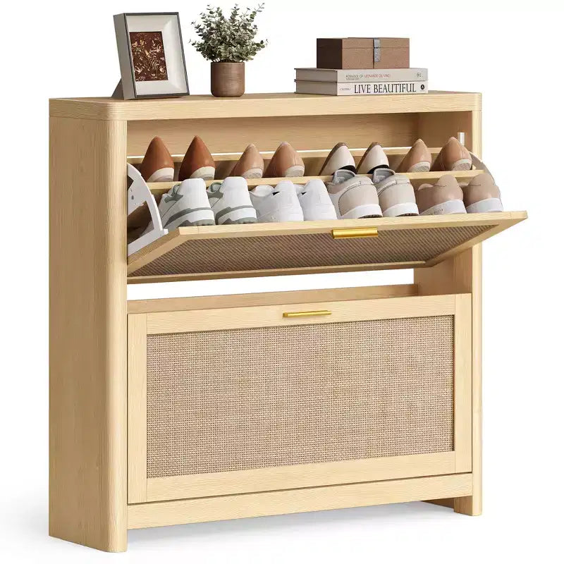 Collezione - Scarpiera Boho Sottile per Ingresso, Mobile Scarpiera con Cassetti a Ribalta Effetto Rattan, Angoli Arrotondati