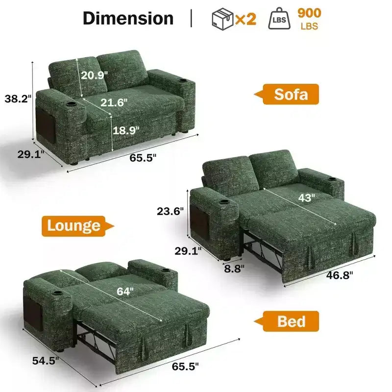 Divano Letto Trasformabile 4-in-1 da 166 cm con Schienali Regolabili, Ricarica USB e Type-C, Portabicchieri, Tasche Laterali, Montaggio Senza Attrezzi, Verde