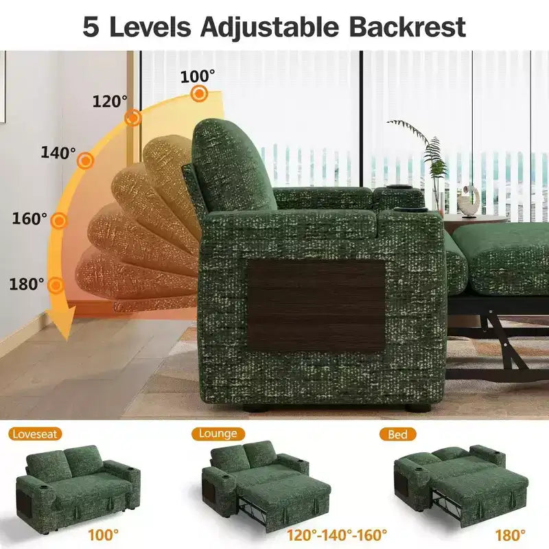 Divano Letto Trasformabile 4-in-1 da 166 cm con Schienali Regolabili, Ricarica USB e Type-C, Portabicchieri, Tasche Laterali, Montaggio Senza Attrezzi, Verde