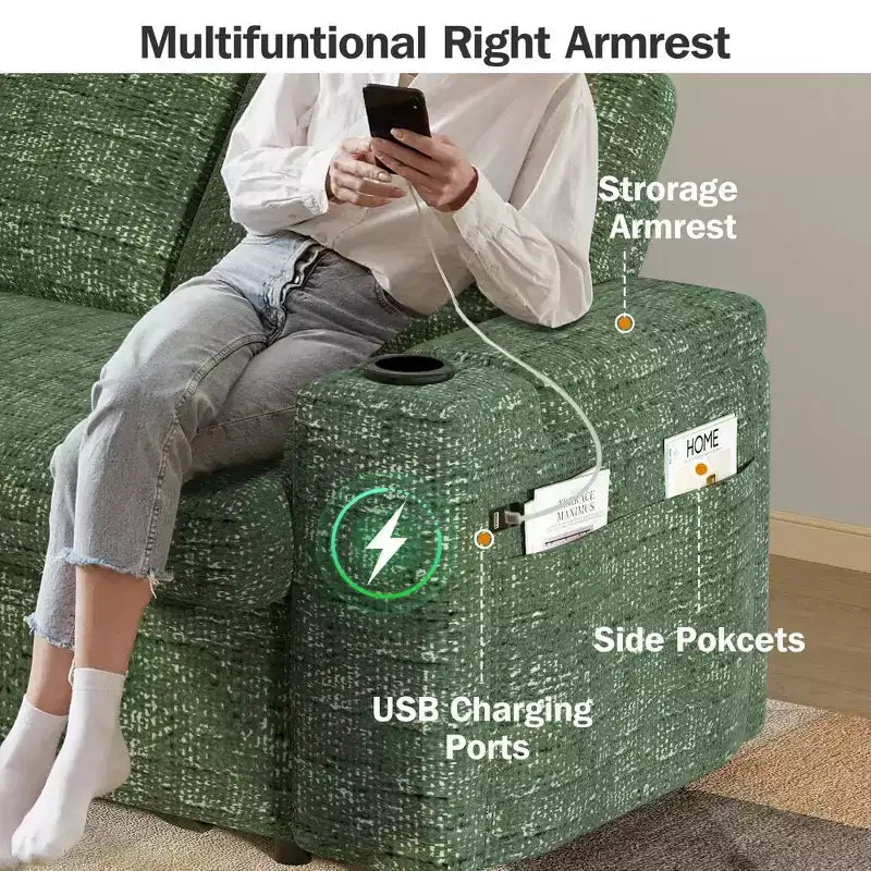 Divano Letto Trasformabile 4-in-1 da 166 cm con Schienali Regolabili, Ricarica USB e Type-C, Portabicchieri, Tasche Laterali, Montaggio Senza Attrezzi, Verde