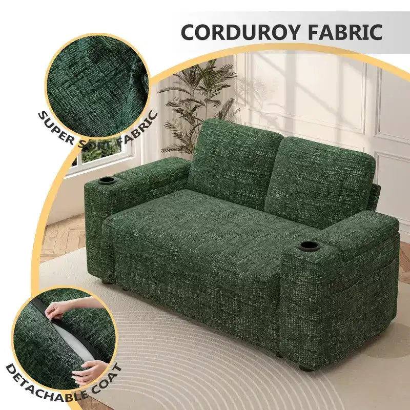 Divano Letto Trasformabile 4-in-1 da 166 cm con Schienali Regolabili, Ricarica USB e Type-C, Portabicchieri, Tasche Laterali, Montaggio Senza Attrezzi, Verde