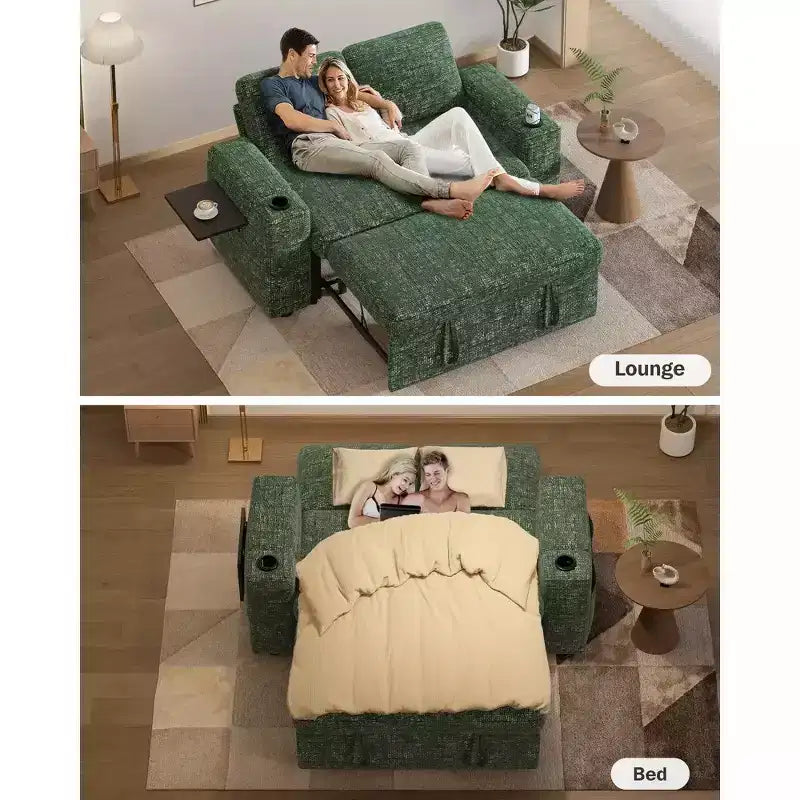 Divano Letto Trasformabile 4-in-1 da 166 cm con Schienali Regolabili, Ricarica USB e Type-C, Portabicchieri, Tasche Laterali, Montaggio Senza Attrezzi, Verde