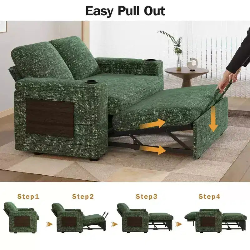 Divano Letto Trasformabile 4-in-1 da 166 cm con Schienali Regolabili, Ricarica USB e Type-C, Portabicchieri, Tasche Laterali, Montaggio Senza Attrezzi, Verde