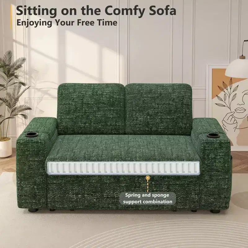 Divano Letto Trasformabile 4-in-1 da 166 cm con Schienali Regolabili, Ricarica USB e Type-C, Portabicchieri, Tasche Laterali, Montaggio Senza Attrezzi, Verde