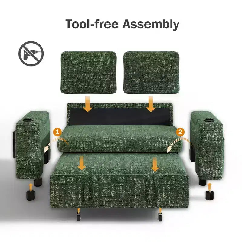 Divano Letto Trasformabile 4-in-1 da 166 cm con Schienali Regolabili, Ricarica USB e Type-C, Portabicchieri, Tasche Laterali, Montaggio Senza Attrezzi, Verde