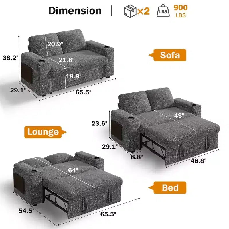 Divano Letto Trasformabile 4-in-1 da 166 cm con Schienali Regolabili, Ricarica USB e Type-C, Portabicchieri, Tasche Laterali, Montaggio Senza Attrezzi, Verde
