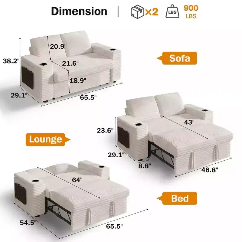 Divano Letto Trasformabile 4-in-1 da 166 cm con Schienali Regolabili, Ricarica USB e Type-C, Portabicchieri, Tasche Laterali, Montaggio Senza Attrezzi, Verde