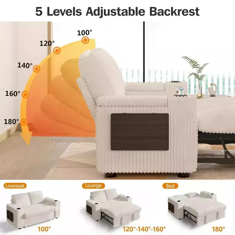 Divano Letto Trasformabile 4-in-1 da 166 cm con Schienali Regolabili, Ricarica USB e Type-C, Portabicchieri, Tasche Laterali, Montaggio Senza Attrezzi, Verde