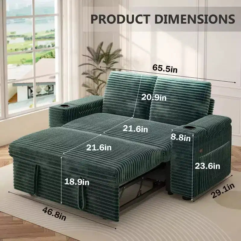 Divano Letto Trasformabile 4-in-1 da 166 cm con Schienali Regolabili, Ricarica USB e Type-C, Portabicchieri, Tasche Laterali, Montaggio Senza Attrezzi, Verde