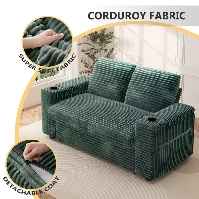 Divano Letto Trasformabile 4-in-1 da 166 cm con Schienali Regolabili, Ricarica USB e Type-C, Portabicchieri, Tasche Laterali, Montaggio Senza Attrezzi, Verde