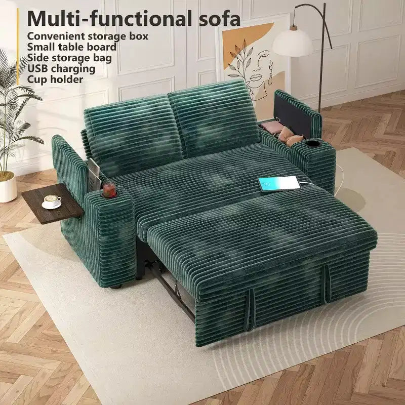 Divano Letto Trasformabile 4-in-1 da 166 cm con Schienali Regolabili, Ricarica USB e Type-C, Portabicchieri, Tasche Laterali, Montaggio Senza Attrezzi, Verde