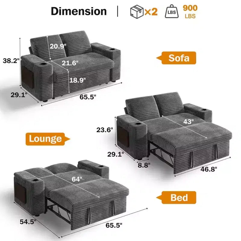Divano Letto Trasformabile 4-in-1 da 166 cm con Schienali Regolabili, Ricarica USB e Type-C, Portabicchieri, Tasche Laterali, Montaggio Senza Attrezzi, Verde