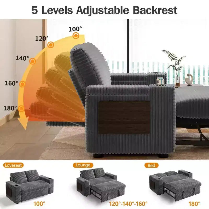 Divano Letto Trasformabile 4-in-1 da 166 cm con Schienali Regolabili, Ricarica USB e Type-C, Portabicchieri, Tasche Laterali, Montaggio Senza Attrezzi, Verde