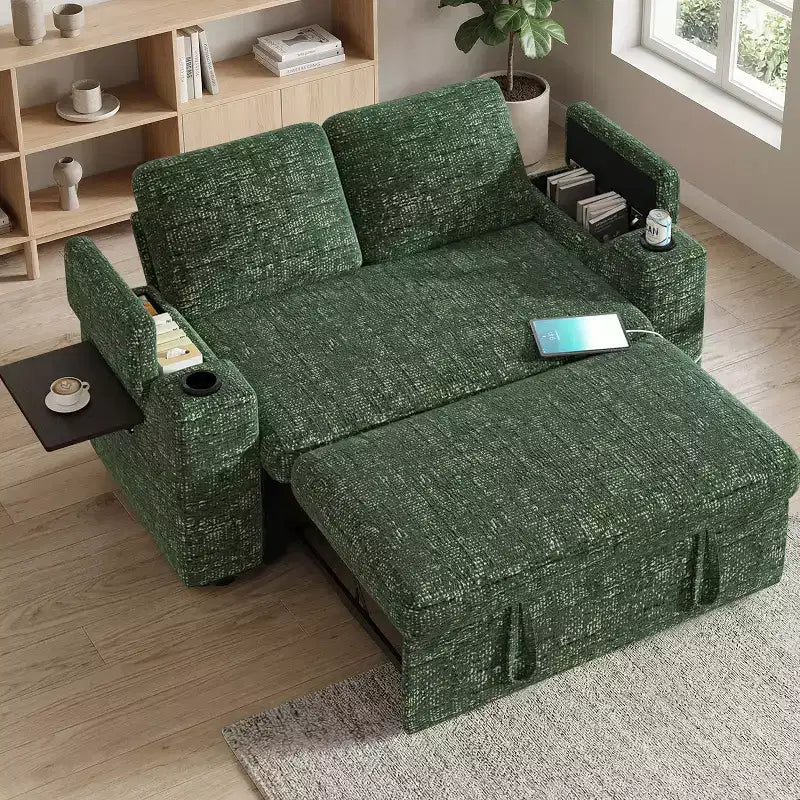 Divano Letto Trasformabile 4-in-1 da 166 cm con Schienali Regolabili, Ricarica USB e Type-C, Portabicchieri, Tasche Laterali, Montaggio Senza Attrezzi, Verde