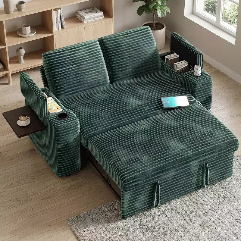 Divano Letto Trasformabile 4-in-1 da 166 cm con Schienali Regolabili, Ricarica USB e Type-C, Portabicchieri, Tasche Laterali, Montaggio Senza Attrezzi, Verde
