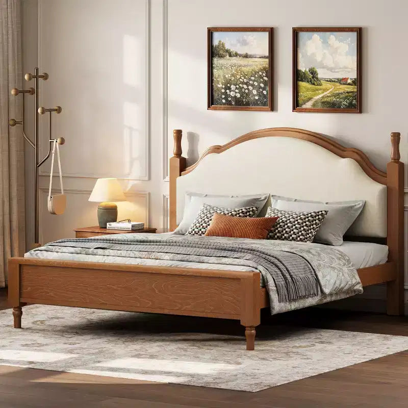 Letto a piattaforma Queen/King Size con testiera imbottita curva, telaio in legno di pino, nessuna molla necessaria