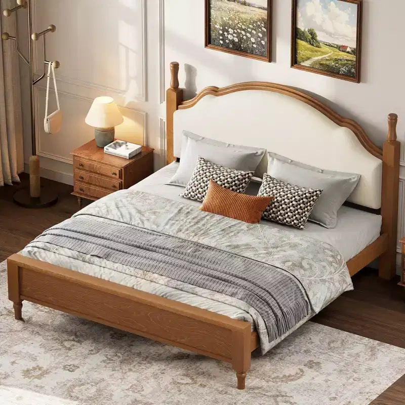 Letto a piattaforma Queen/King Size con testiera imbottita curva, telaio in legno di pino, nessuna molla necessaria