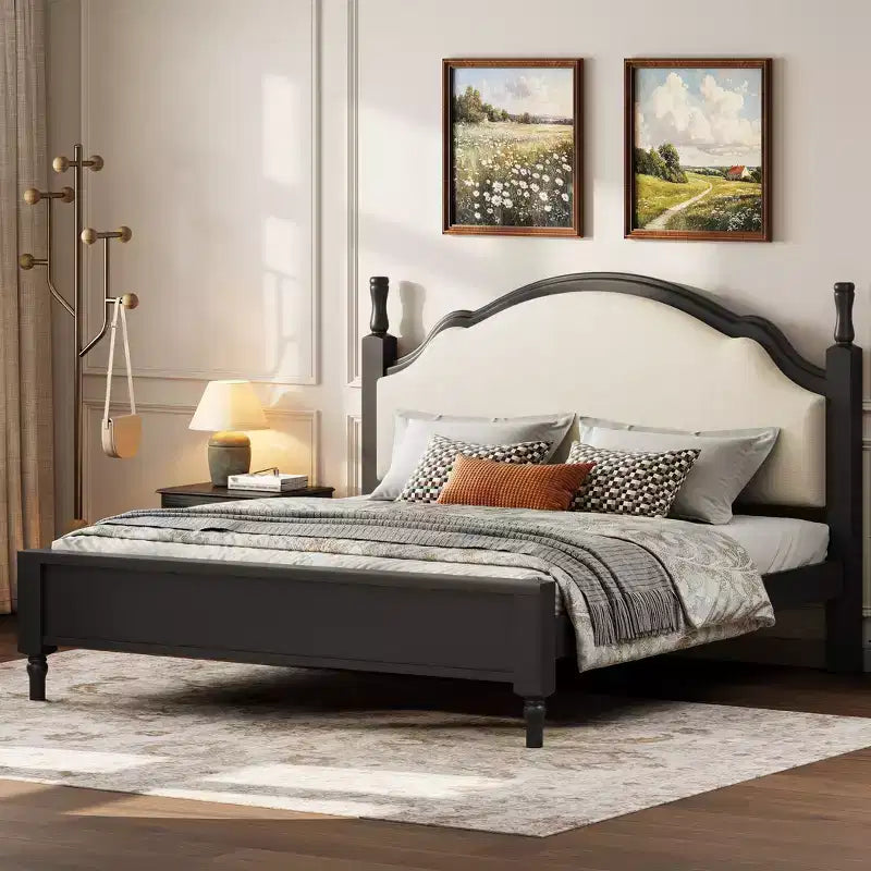 Letto a piattaforma Queen/King Size con testiera imbottita curva, telaio in legno di pino, nessuna molla necessaria