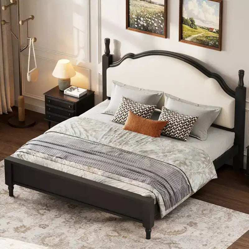 Letto a piattaforma Queen/King Size con testiera imbottita curva, telaio in legno di pino, nessuna molla necessaria